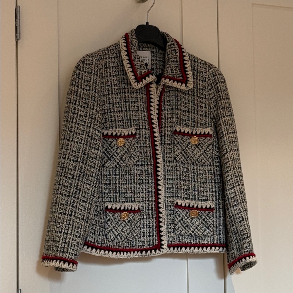 Elegant Tweed Blazer with Red and Gold Details